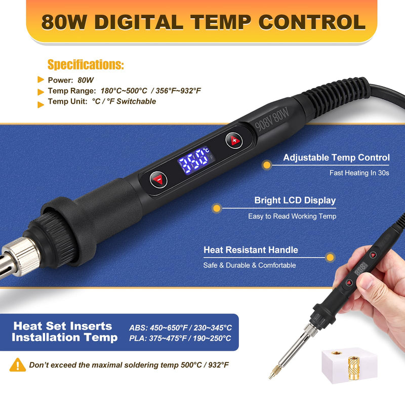 Professional Heat Set Insert Tool Kit: 80W Soldering Iron Heat Insert Tool with 520pcs Brass Inserts & Heat Set Insert Tips (M2-M8) for 3D Printing Tools + 520Pcs Heat Inserts