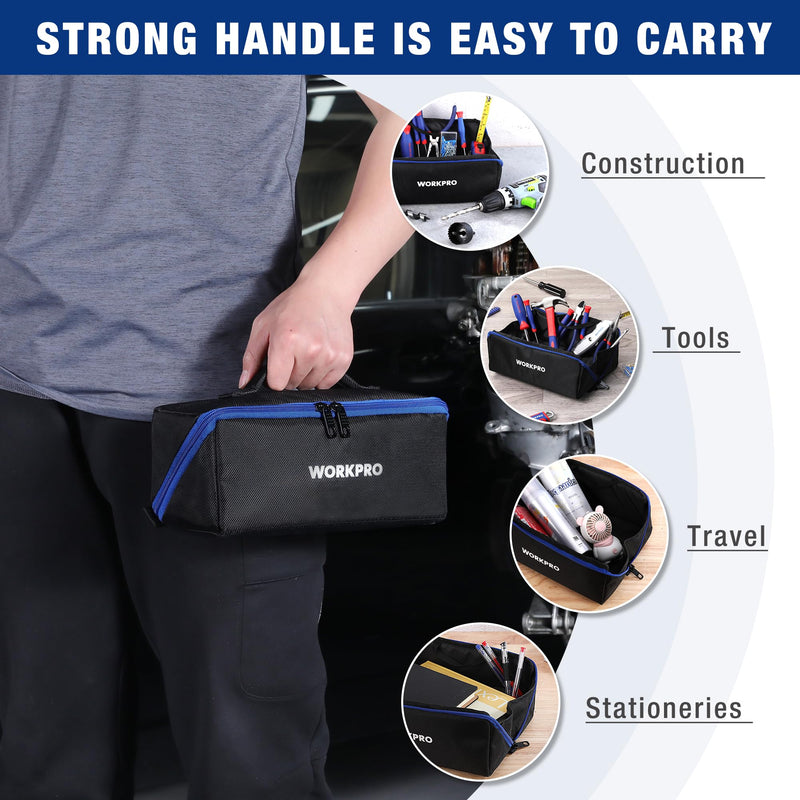 WORKPRO Tool Bag with Zipper, 10" Utility Wide Mouth Heavy Duty Tool Storage Bag, Multipurpose Zipper Tool Pouch Tote Bag for Organizer 3-pack Black