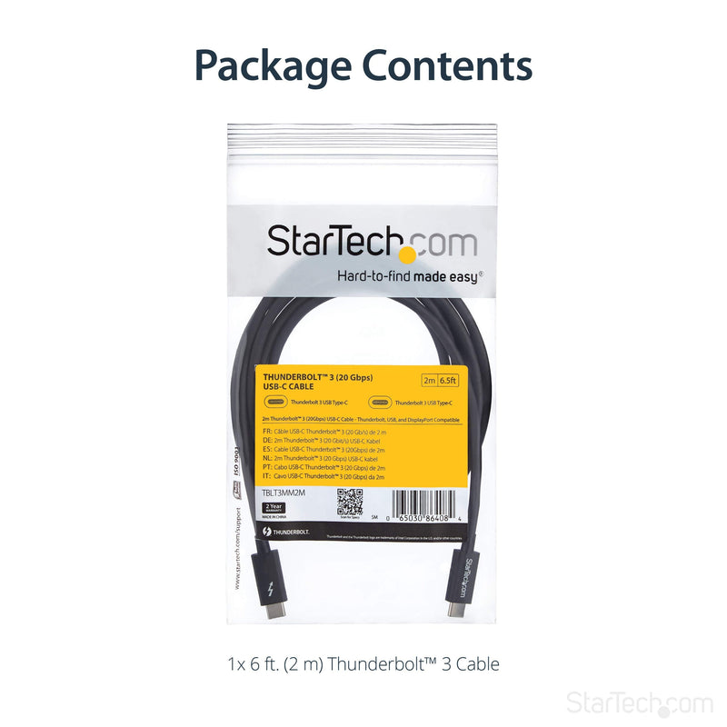 StarTech 6.6ft/2m Passive Thunderbolt 3 Cable 20Gbps, 4K60, 100W, Certified 6ft 20Gbps | Black