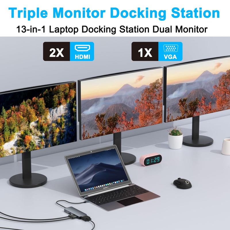 Docking Station Dual Monitor for Dell/HP/Lenovo/Surface Laptop, Dual HDMI Adapter for 2 Monitors, Laptop Docking Station Dual Monitor, 13 in 1 USB C Hub with HDMI/VGA/USB/PD/Ethernet/SD/TF/Audio