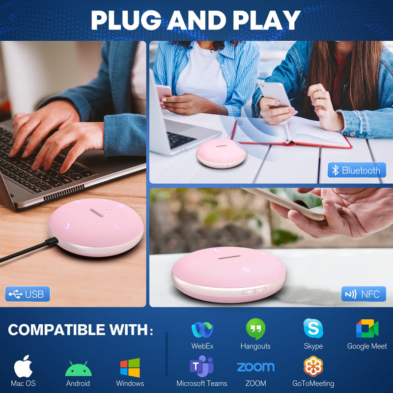 M4 Bluetooth Speakerphone Conference Speaker and Microphone with AI Noise Reduction GPT Transcription Speakers for Computer Desktop 360° Voice Pickup at Home Office for Teams/Zoom, Pink M4 PINK M4 Omnidirectional Speakerphone
