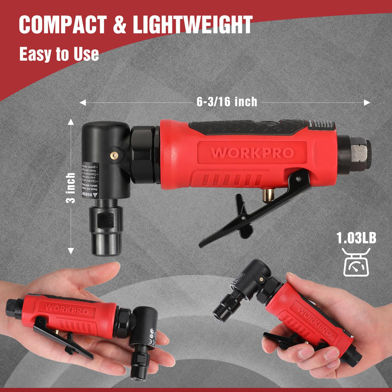 WORKPRO Air Angle Die Grinder, 1/4-Inch Pneumatic Right Angle Die Grinder, 20000RPM, Air-Powered 90 Degree for Grinding, Cutting, Polishing, Welding Repair, Deburring, 1/4" & 1/8" Collets Included 1/4-Inch Right Angle Die Grinder
