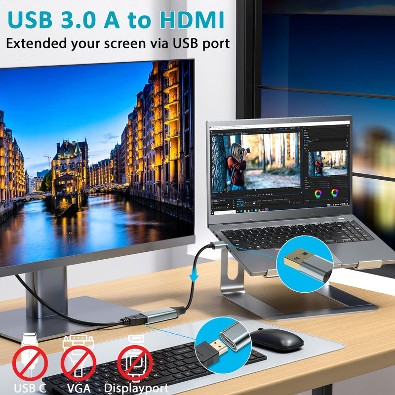Herfair USB to HDMI Adapter [1080P Full HD, Built-in Driver] HDMI Adapter for Laptop to Monitor USB 3.0 to TV Screen Converter for MacOS/Windows 11/10/8.1/8/7 Computers Desktops PC MacBook One HDMI Port