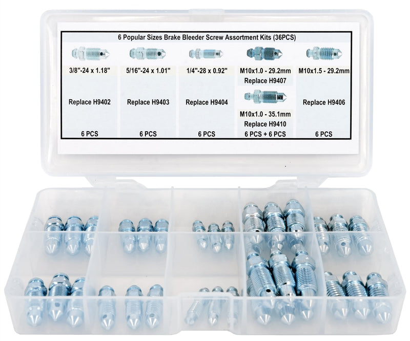 36 PCS Bleeder Valve,Brake Bleeder Screw Assortment Kit Replace H9402-6, H9403-6, H9404-6, H9406-6, H9407-6, H9410-6