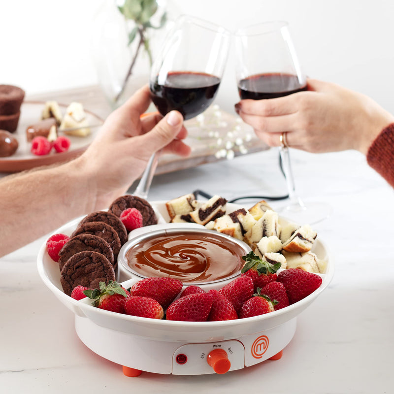 MasterChef Chocolate Fondue Maker- Electric Dessert Pot Set with 4 Forks & Removable Party Serving Tray- Melt or Warm Settings for Caramel Treats, Cheese- Charcuterie Appetizers, Date Night Gift