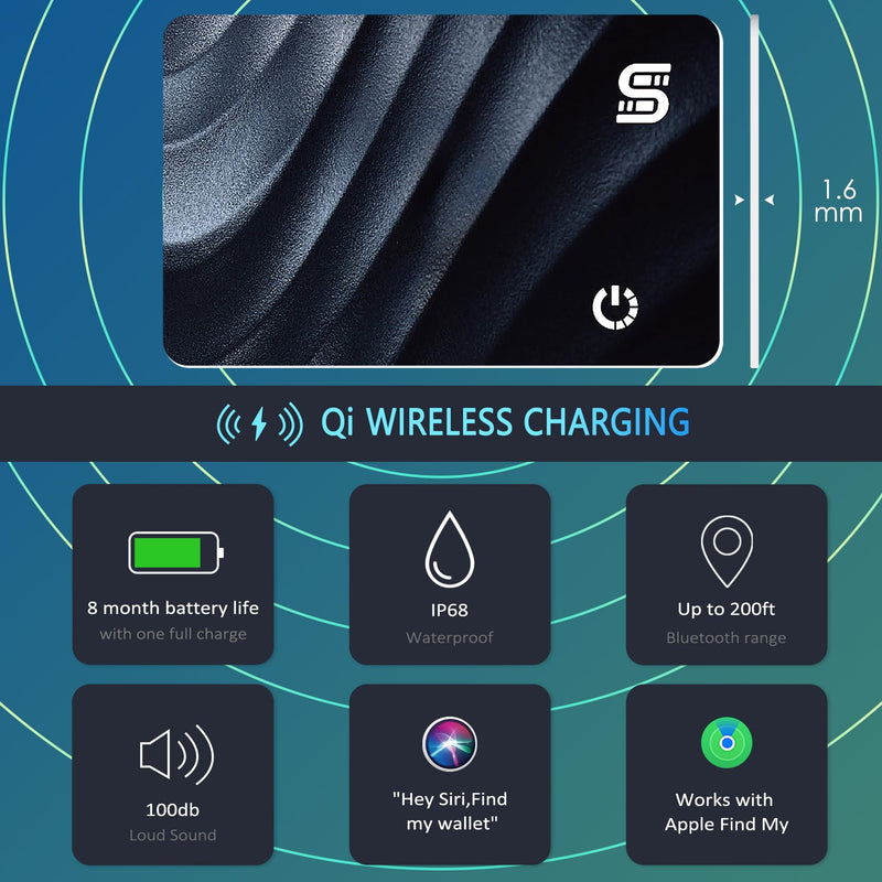 Wallet Tracker Wireless Recharging IP68 Thin Item Finder Card Luggage Located Bluetooth Works with Apple Find My APP & Network (iOS Only) Black Elite Slim
