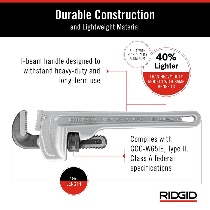 RIDGID 31090 Aluminum Straight Pipe Wrench, 10" Sturdy Plumbing Wrench with Self Cleaning Threads and Hook Jaws Small Music