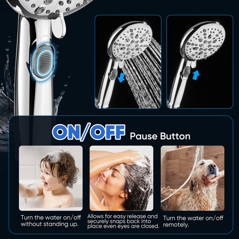 Cobbe 9-Function Shower Head with Built-in Power Spray, 1.8 GPM Water Saving ON/OFF Toggle Switch, High Pressure Handheld Showerhead with 1-Click Pause Button, Brass Bracket & 6ft Hose, Chrome