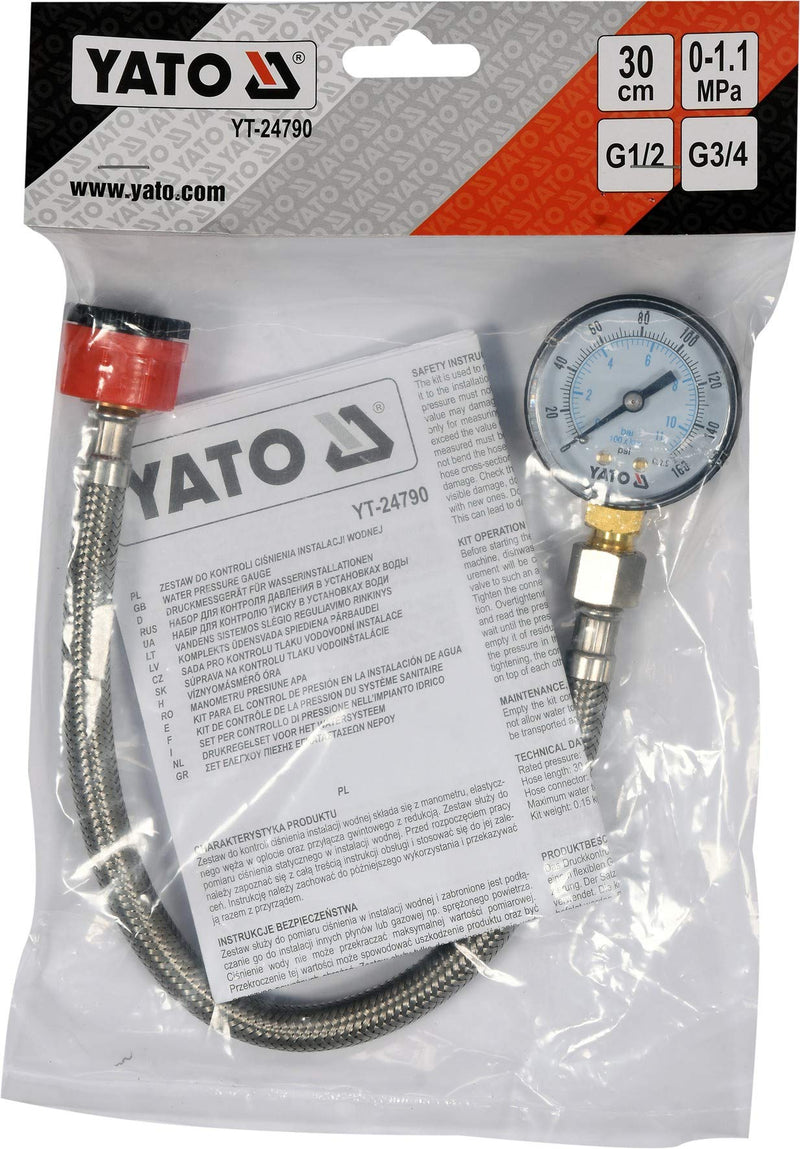 YATO professional water pressure gauge with pressure gauge and stainless steel hose, 3/4 and 1/2 inch external thread, 30 cm braided stainless steel hose, max. 11 bar, water pressure tester manometer pressure test
