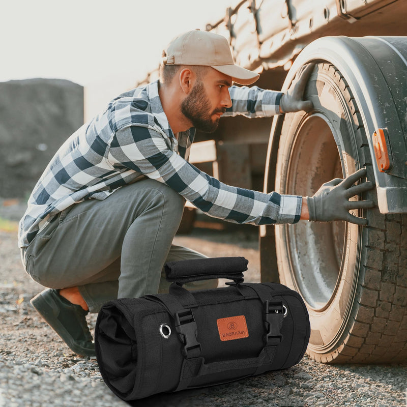 BAQRAXIA Tool Bag, Roll Up Small Tools Box Storage, Heavy Duty Tool Organizer with 2 Detachable Tool Pouch, Tool Gifts for Men Dad Husband Boyfriend Grandpa, Presents for Fathers Day Birthday (Black) Black