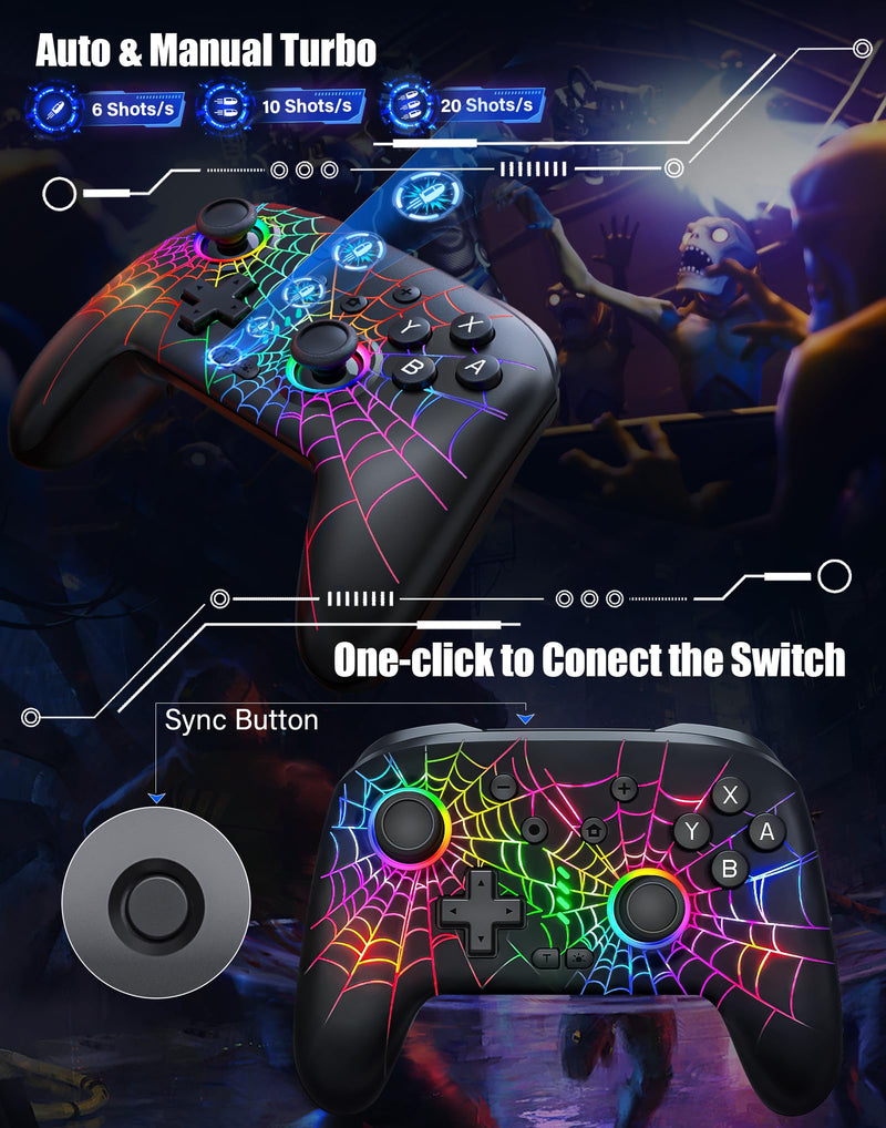 RJAD Switch Controllers for Nitendo Switch/OLED/Lite, Wireless Switch Pro Controller with 10 Colors Light, 1000mAh Rechargeable Switch Turbo Control with Vibration, 6-Axis Gyro, Turbo, Wake Up