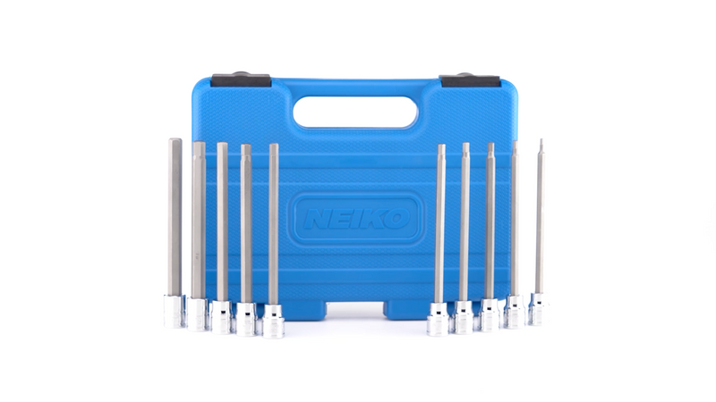 Neiko 10077A 3/8” Drive Metric Extra Long Allen Hex Bit Socket Set | 10 Pieces | Sizes 3mm – 10mm | Shaft Length 6” | Premium S2 Steel Bits | Heavy Duty Cr-V Sockets | Exceeds ANSI Standards 10 Piece