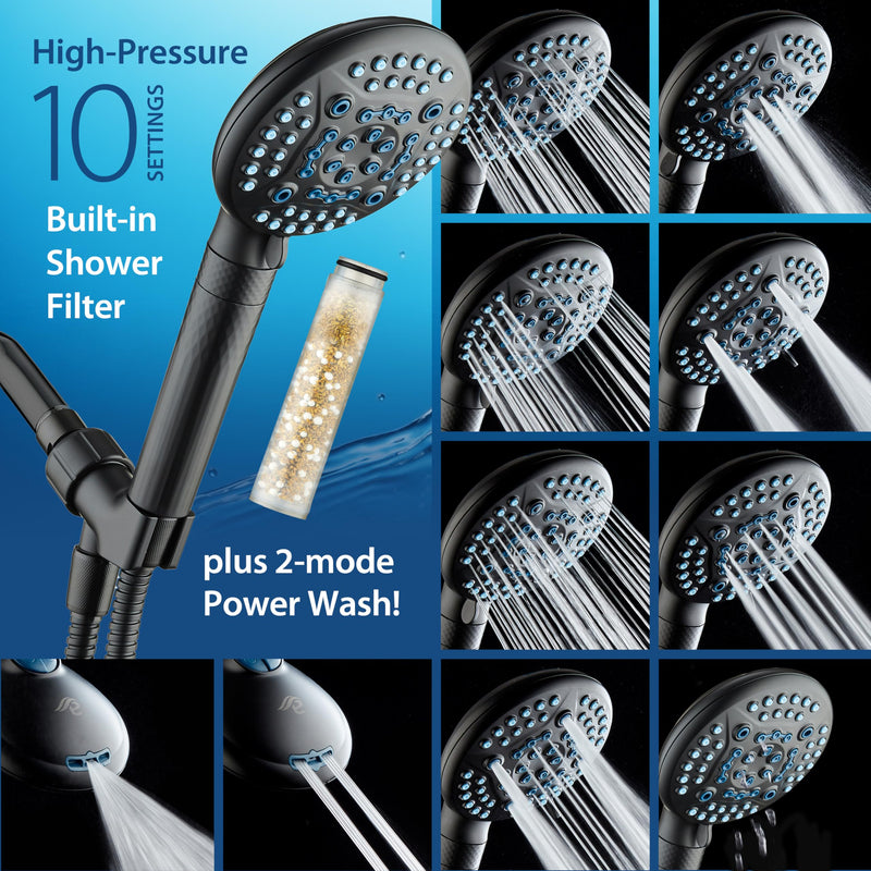 AquaCare 4X High Pressure 10-mode Filter Handheld Shower Head with Dual Power Wash - Clean Tub, Tile & Pets, Remove Chlorine, Metals & Toxins from Water to Protect Skin, Hair & Nails. Matte Black