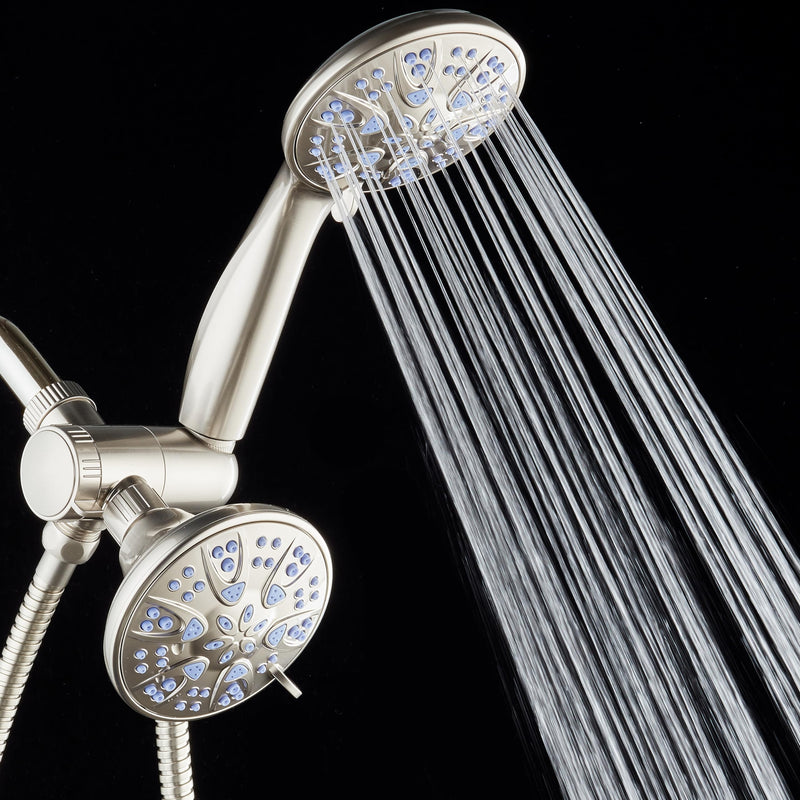 AquaDance Antimicrobial/Anti-Clog High-Pressure 30-setting Dual Head Combination Shower with Nozzle Protection from Growth of Mold, Mildew & Bacteria for a Healthier Shower – Sunset Blue 2.5 Gallons Per Minute Satin Nickel / Sunset Blue Jets