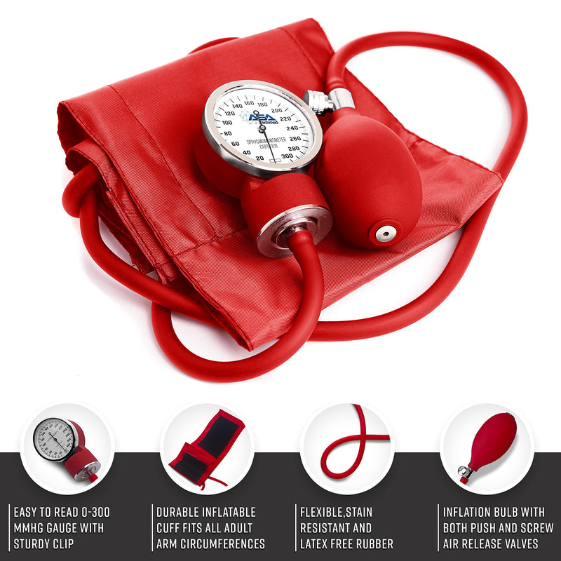 ASA TECHMED Manual Blood Pressure Monitor - Aneroid Sphygmomanometer for Nurses, Universal Standard Blood Pressure Cuff, Nurse Essentials with High-Molecular Nylon Arm Cuff (Red)