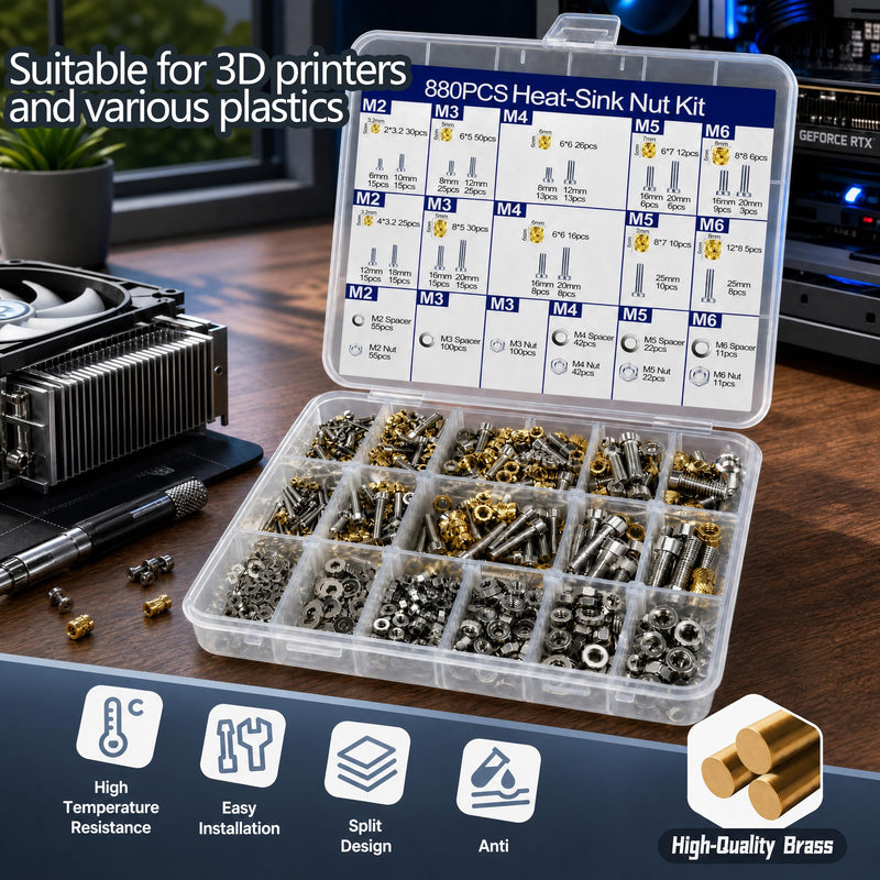 880 Piece Threaded Inserts Soldering Tips Set with Screws, M2/M3/M4/M5/M6 Thread Inserts, Adjustable Temperature Soldering Iron 180-500°C with Pins and Holder, Soldering Tips & Soldering Tip Adapter | 5stk Lötspitzen, Soldering Tip Adapter, LCD Einstel...