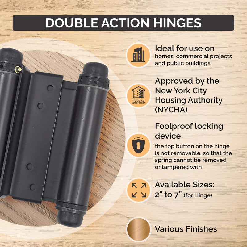 Hinge Outlet Adjustable Double Action Spring Hinge, Saloon, Swinging or Cafe Door Hinges – Highly Rust-Resistant, Self-Closing, Dual-Swing (4 Inch, Brass) 4 Inch