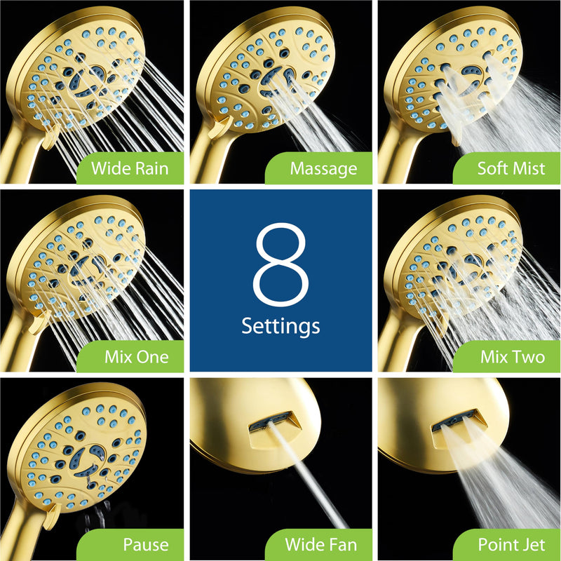 AquaCare High Pressure 8-mode Handheld Shower Head - Anti-clog Nozzles, Built-in Power Wash to Clean Tub, Tile & Pets, Extra Long 6 ft. Stainless Steel Hose, Wall & Overhead Brackets Modern Gold