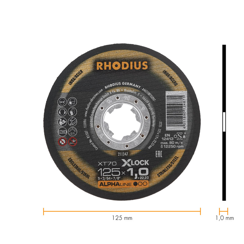 Rhodius XT70 X-LOCK Metal Cutting Disc, 125 x 1.0 x 22.23 mm, Pack of 25 | For stainless steel and steel, made in Germany, fast and precise cuts, good service life, for X-LOCK angle grinder, Alphaline Ø125 x 1,0