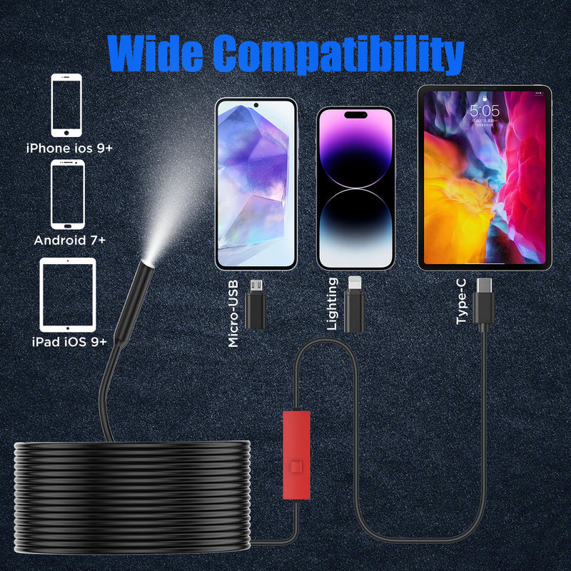 Endoscope Camera with Light, 1920P HD Borescope Camera with Light,Semi-Rigid Inspection Endoscope with 8 Adjustable LED, IP68 Waterproof Drain Scope Camera for for iOS/Android,16.4ft Red