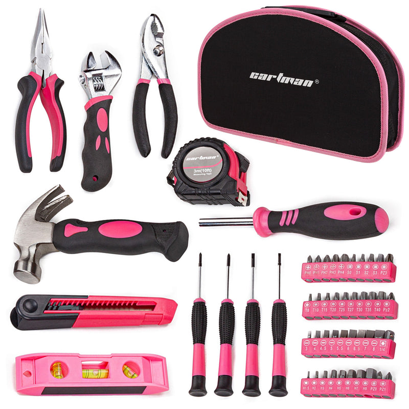 CARTMAN 52-Piece Pink Hand Tool Set, Home Repair Kit With Round Carry Pouch