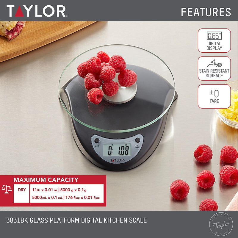 Taylor Digital Kitchen Scale with Glass Platform, Tare Button, and Plastic Body Weighs up to 11 Pounds Capacity, Black