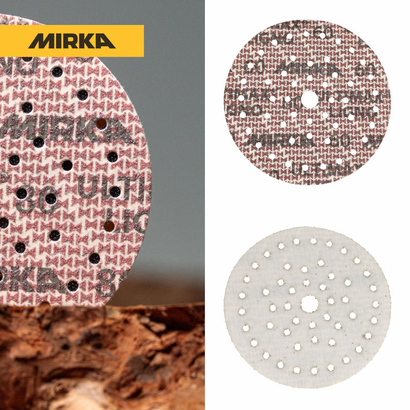 Mirka Ultimax Ligno Ø 150mm Sanding Discs Hook and Loop Multifit / Grit 60 / 50 Pieces / Multi-punched / for sanding wood surfaces | Multi-punched for efficient dust extraction, durable, ideal for sanding wood surfaces, grit 60, pack of 50