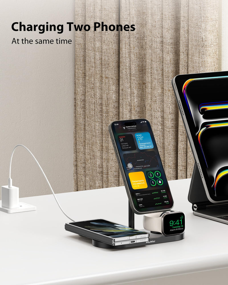 3 in 1 Charging Station for Apple, Aluminum Alloy & Carbon Fiber Magnetic Wireless Charger, Compatible with iPhone 15/14/13/12 Series, for Apple Watch, for AirPods 3/2/Pro & Multiple Qi Devices