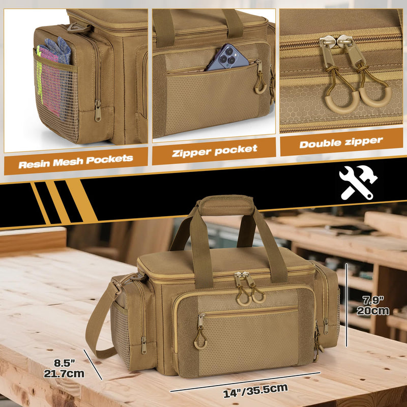 Tactical Tool Bag with Anti-friction Bottom, Hand Tool Tote Storage Organizer for Men, Small Range Bag for Electricians, Carpenters, Mechanics and Repairman, Khaki