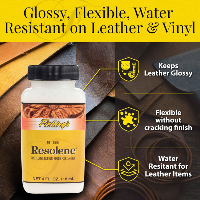 Fiebing's Acrylic Resolene (4 oz, Neutral) - Protective Acrylic Leather Finisher - Glossy Finish Top Coat for Dyed & Polished Leathercraft - Flexible, Durable, Water Resistant for Boots, Couch, Purse