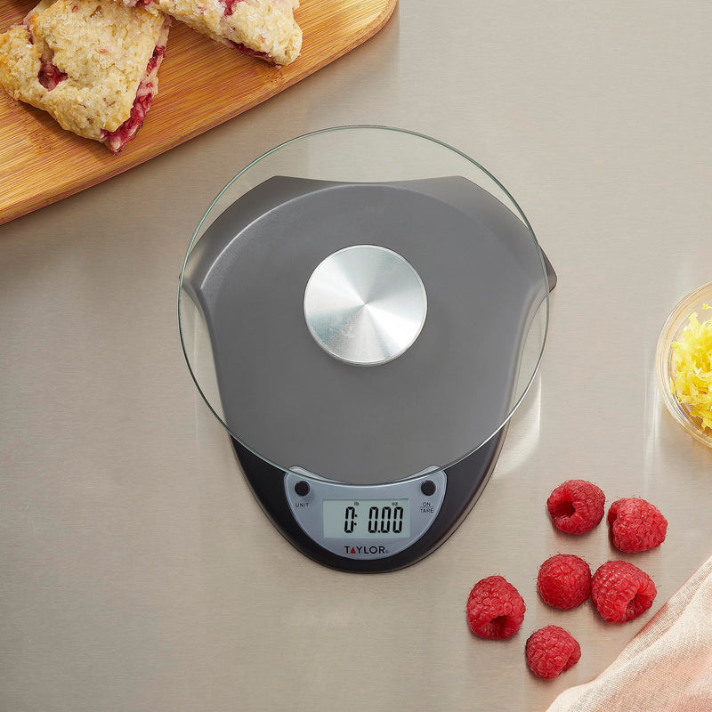 Taylor Digital Kitchen Scale with Glass Platform, Tare Button, and Plastic Body Weighs up to 11 Pounds Capacity, Black