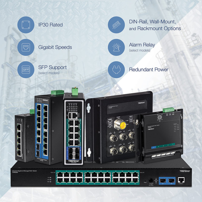 TRENDnet 5-Port Hardened Industrial Gigabit DIN-Rail Switch, 10 Gbps Switching Capacity, IP30 Rated Network Switch (-40 to 167 ºF), DIN-Rail and Wall Mounts Included, Lifetime Protection,Black,TI-G50 5 Port Switch
