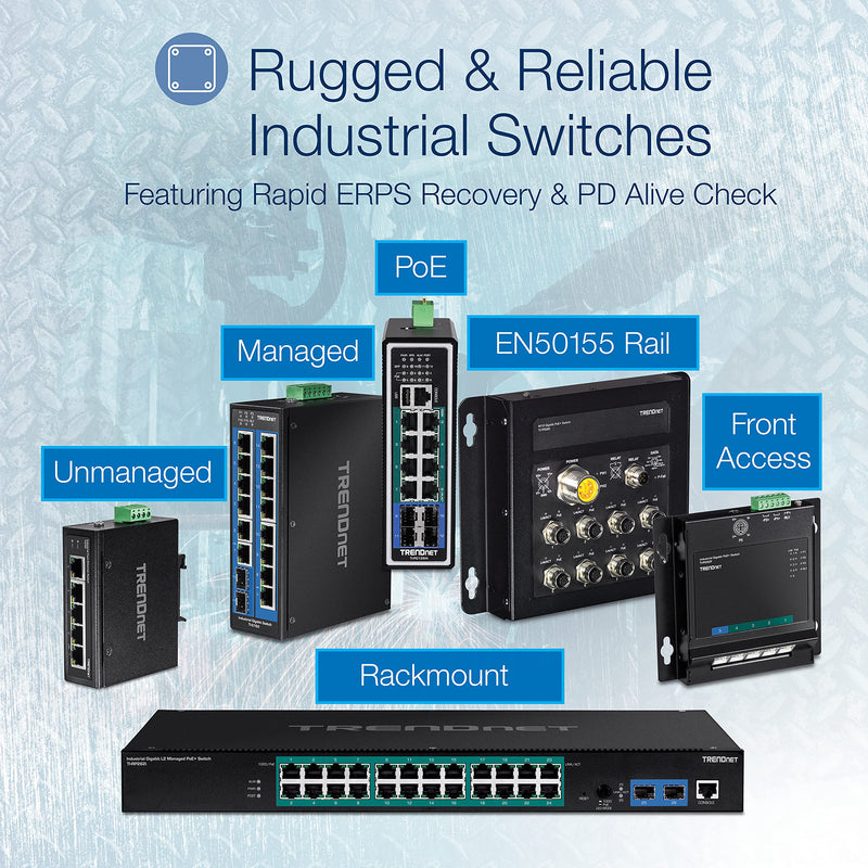 TRENDnet 5-Port Hardened Industrial Gigabit DIN-Rail Switch, 10 Gbps Switching Capacity, IP30 Rated Network Switch (-40 to 167 ºF), DIN-Rail and Wall Mounts Included, Lifetime Protection,Black,TI-G50 5 Port Switch