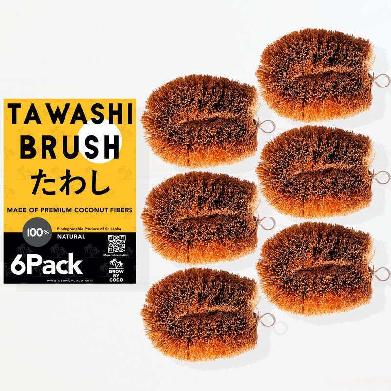 Pack of 6 Tawashi 100% Natural Coconut Coir Fiber Brush, Vegetable Scrub Brush, Ideal for Fruit Scrub, Kitchen Cleaning Needs, Kamenoko Japanese Design