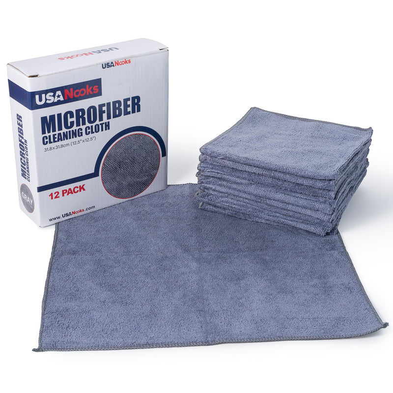 Microfiber Cleaning Cloth Grey - 12 Pcs (12.5"x12.5") - High Performance - 1200 Washes, Ultra Absorbent Microfiber Towel Weave Grime & Liquid for Streak-Free Mirror Shine - Car Washing Cloth Gray