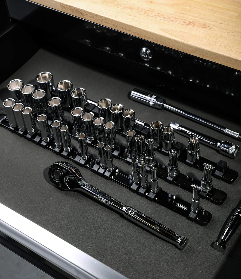 ARES 70087-3-Piece Aluminum Socket Organizer - 1/4-Inch, 3/8-Inch, and 1/2-Inch Drive Rails Hold 48 Sockets and Keep Your Tool Box Organized Multi-Drive Black