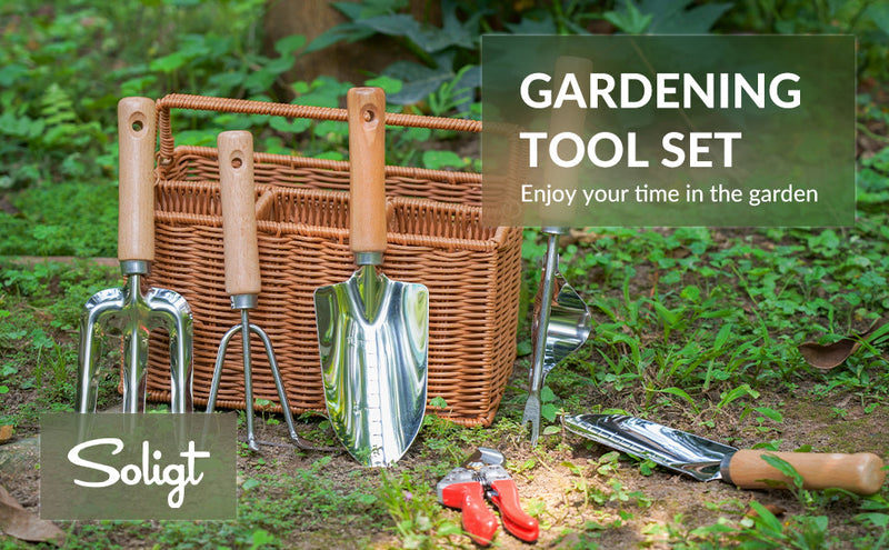 SOLIGT 8 Piece Garden Tools Set with Basket, Gardening Gifts for Women Men