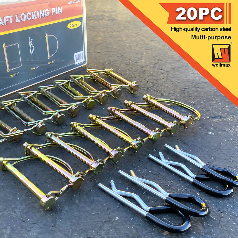 Wellmax 20 Pcs Trailer Pin in 1/4 Diameter Zinc-Plated Heavy Duty Safety Pins, Bonus 4 Pcs Heavy Duty Trailer Hitch Pin for Trailer Lock and Hitch Pin Lock for Farm Lawn Garden Wagons (Gold) Gold-20pc