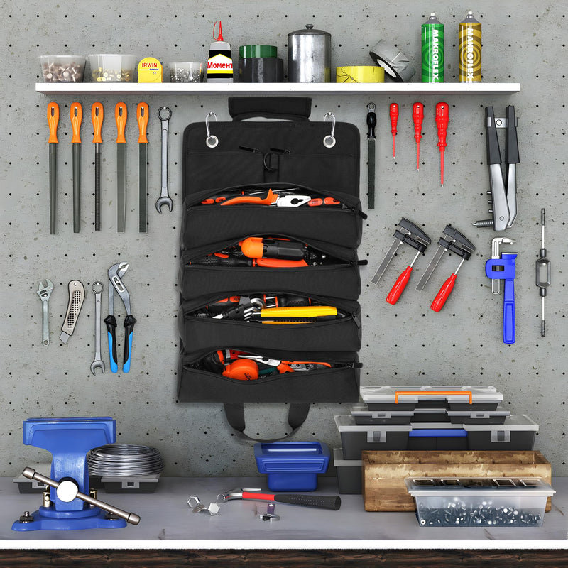 BAQRAXIA Tool Bag, Roll Up Small Tools Box Storage, Heavy Duty Tool Organizer with 2 Detachable Tool Pouch, Tool Gifts for Men Dad Husband Boyfriend Grandpa, Presents for Fathers Day Birthday (Black) Black