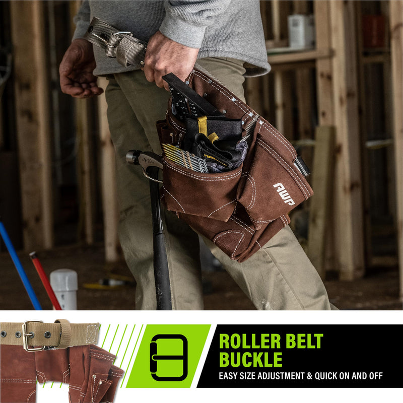 AWP Suede Leather General Construction Tool Pouch Apron | 11-Pocket Tool Organization Work Belt | Brown | Fits Up to 50" Waist Size 50 inches Suede Leather wit Leather Hammer Loops