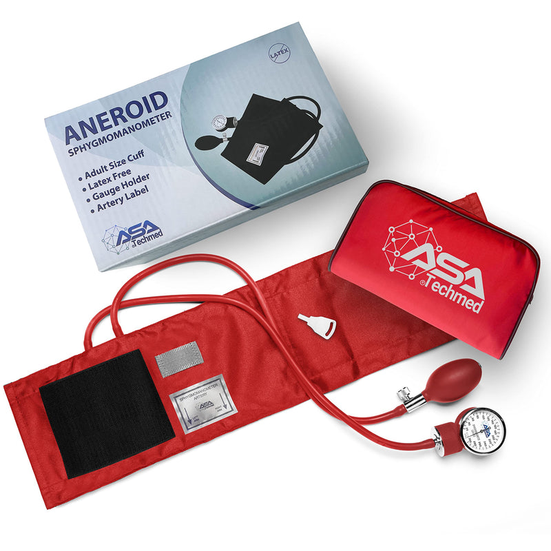 ASA TECHMED Manual Blood Pressure Monitor - Aneroid Sphygmomanometer for Nurses, Universal Standard Blood Pressure Cuff, Nurse Essentials with High-Molecular Nylon Arm Cuff (Red)