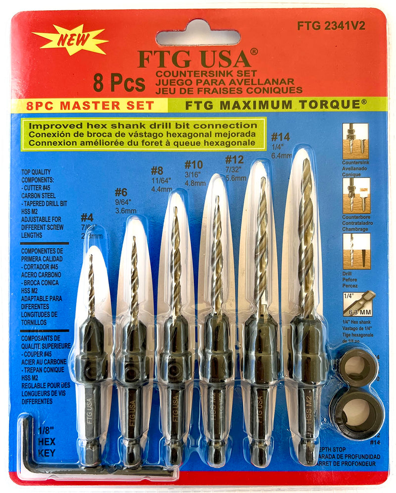 FTG USA Adjustable Wood Countersink Drill Bit Set 6 Pc Countersink Drill Bit #4#6#8#10#12#14 with Tapered Drill Bit with Depth Stop