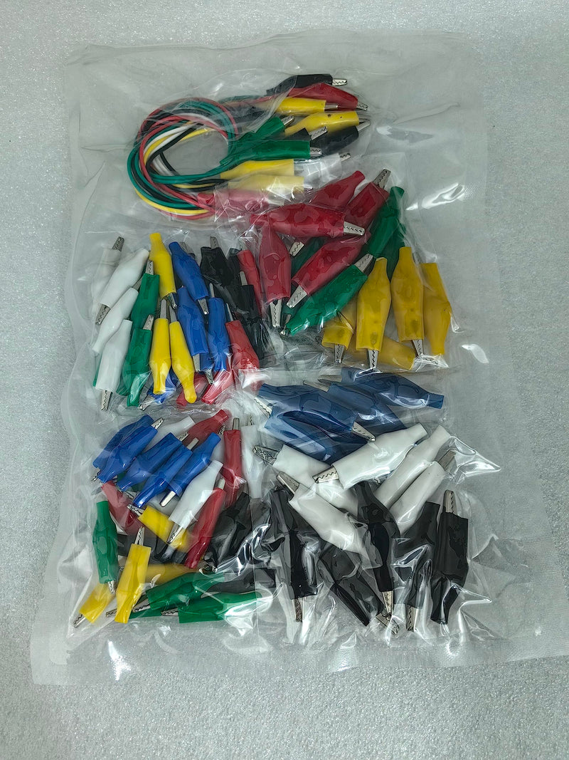 GTIWUNG Pack of 90 3 sizes crocodile clips, 28 mm/35 mm/45 mm, electrical test clamps with red/yellow/blue/green/white/black protective cover + 10 pieces crocodile clips with cable for multimeter test leads 90 pieces crocodile clips + 10 test cables
