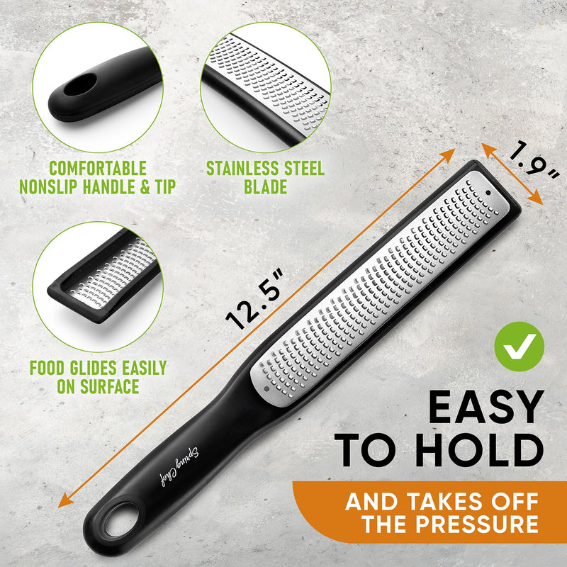 Spring Chef Premium Lemon Zester Grater with Handle - Ginger, Nutmeg, Garlic Grater - Heavy Duty Kitchen Tool - Stainless Steel Citrus Zester with Blade Cover - Fine & Coarse Shred, Set of 2, Black Fine & Coarse Zester