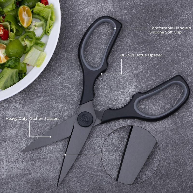 Linoroso Kitchen Scissors All Purpose Kitchen Shears with Magnetic Holder, Soft Grip Handle Cooking Scissors Dishwasher Safe with Come Apart Blade Heavy Duty Scissors for Meat, Vegetable, Herb, Black