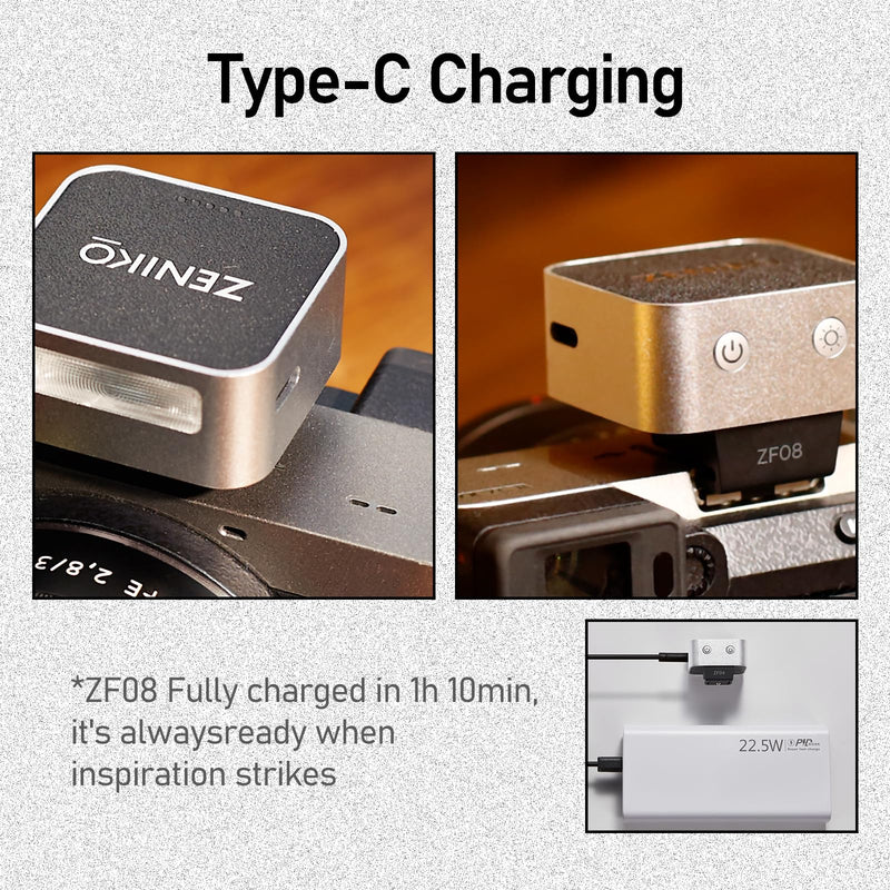 ZF08 Mini Camera Flash Speedlite - Aluminum Hot Shoe Flash with 5 Power Levels, CCT 6500K±200K, <3s Recycle，Continuous Flash, Compatible Sony/Canon/Nikon/Fuji/Olympus/Panasonic/Leica （Silver） ZF08 Silver