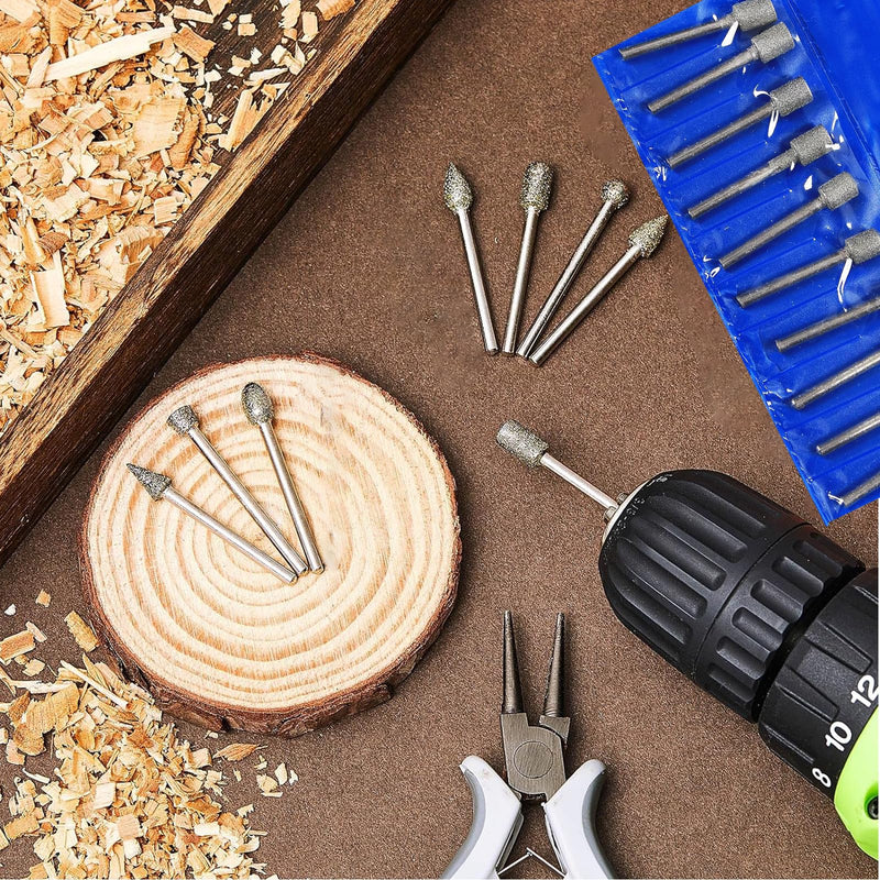 Diamond Cutter Set, 20 Pieces Diamond Burr Grinding Pins for Dremel Rotary Tool Accessories with 1/8 Inch Shank for Stone Glass Ceramic Carving, Grinding, Polishing, Engraving