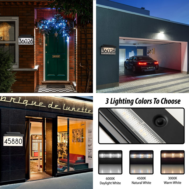 House Numbers Address Plaques 3 Lighting Colors & Adjustable Solar Panel Personalized House Number for Outside, LED Solar Powered Address Sign Outdoor Waterproof Warm White 3000K