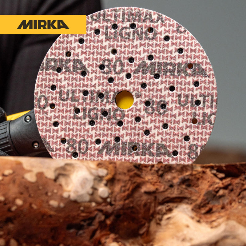 Mirka Ultimax Ligno Ø 150mm Sanding Discs Hook and Loop Multifit / Grit 60 / 50 Pieces / Multi-punched / for sanding wood surfaces | Multi-punched for efficient dust extraction, durable, ideal for sanding wood surfaces, grit 60, pack of 50