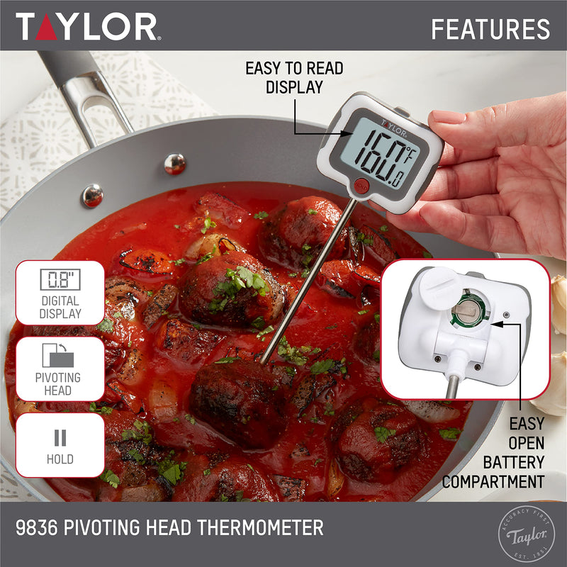 Taylor Pivoting Head Instant Read Digital Meat Food Grill BBQ Cooking Kitchen Thermometer with Protective Sleeve, Gray Universal Steel